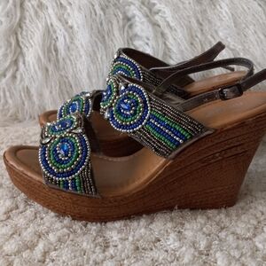 Nicole Beaded Sandals - Blue, Silver and Green Size 8 1/2